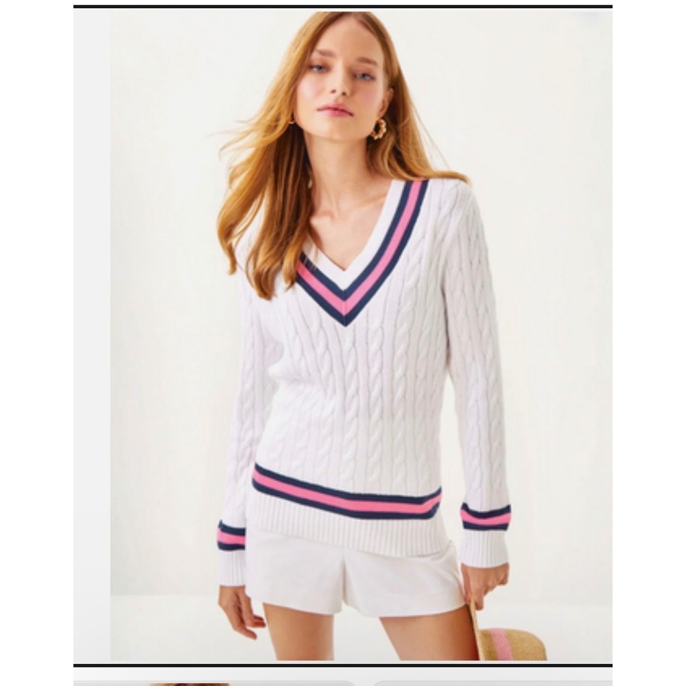 Lilly Pulitzer Womens Cable Knit V-Neck Varsity Stripe Sweater White Pink Navy M